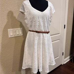 No Boundaries White Lace Mini Dress with Brown Belt